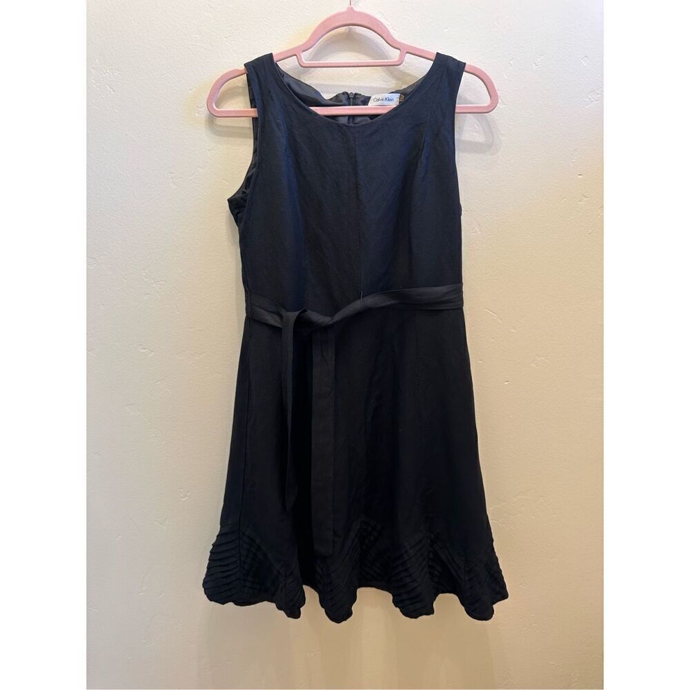 🌸 Calvin Klein Black Linen Tie Waist Dress With Chevron Detail Size 6